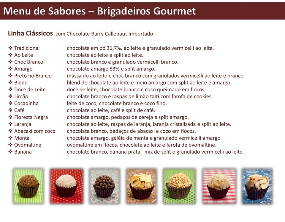 chocolate amargo 53% e split amargo. massa do ao leite e choc branco com granulados vermicelli ao leite e branco. blend de chocolate ao leite e meio amargo com split ao leite e amargo.