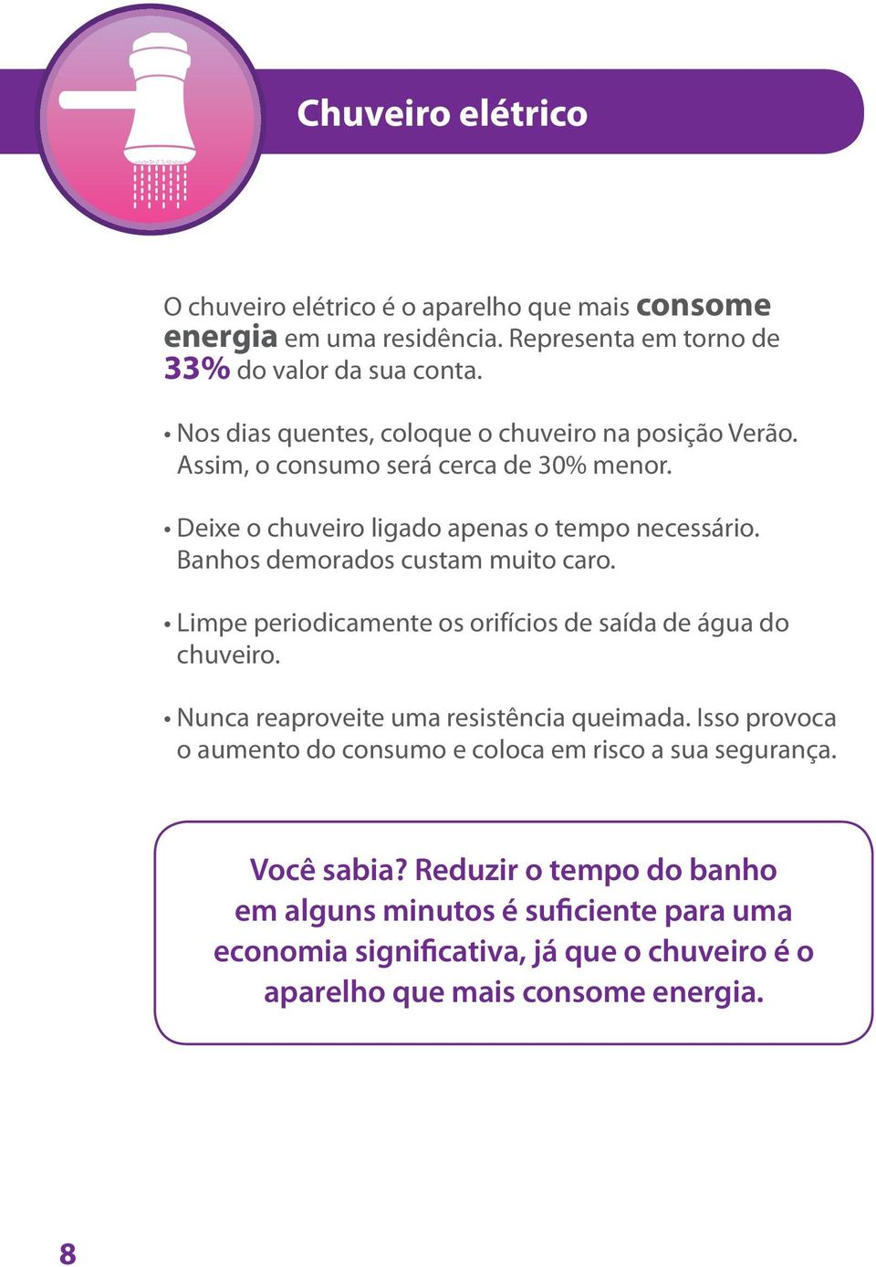 Banhos demorados custam muito caro. Limpe periodicamente os orifícios de saída de água do chuveiro. Nunca reaproveite uma resistência queimada.