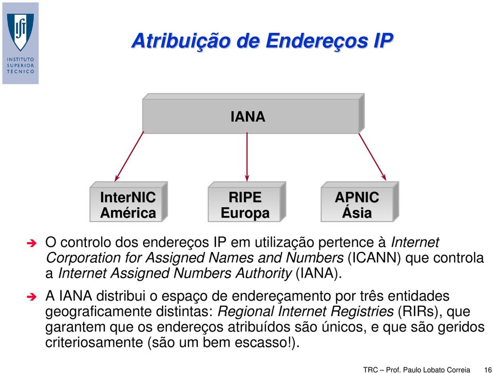 A IANA distribui o espaço de endereçamento por três entidades geograficamente distintas: Regional Internet Registries (RIRs),
