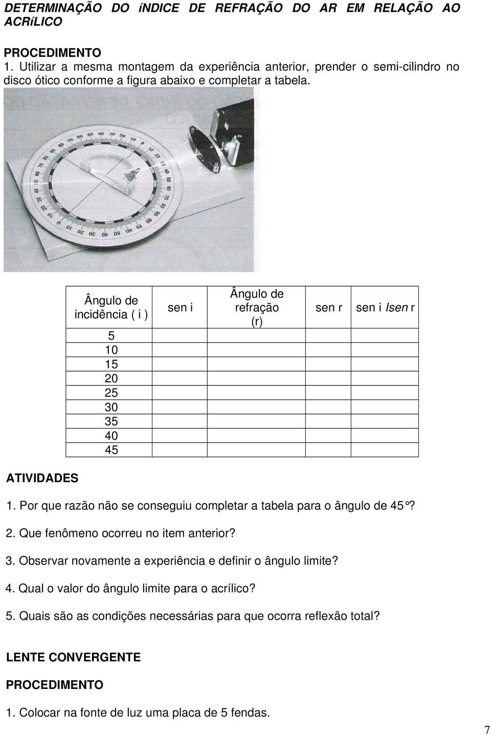 Ângulo de incidência ( i ) 5 10 15 20 25 30 35 40 45 sen i Ângulo de refração (r) sen r sen i Isen r 1.