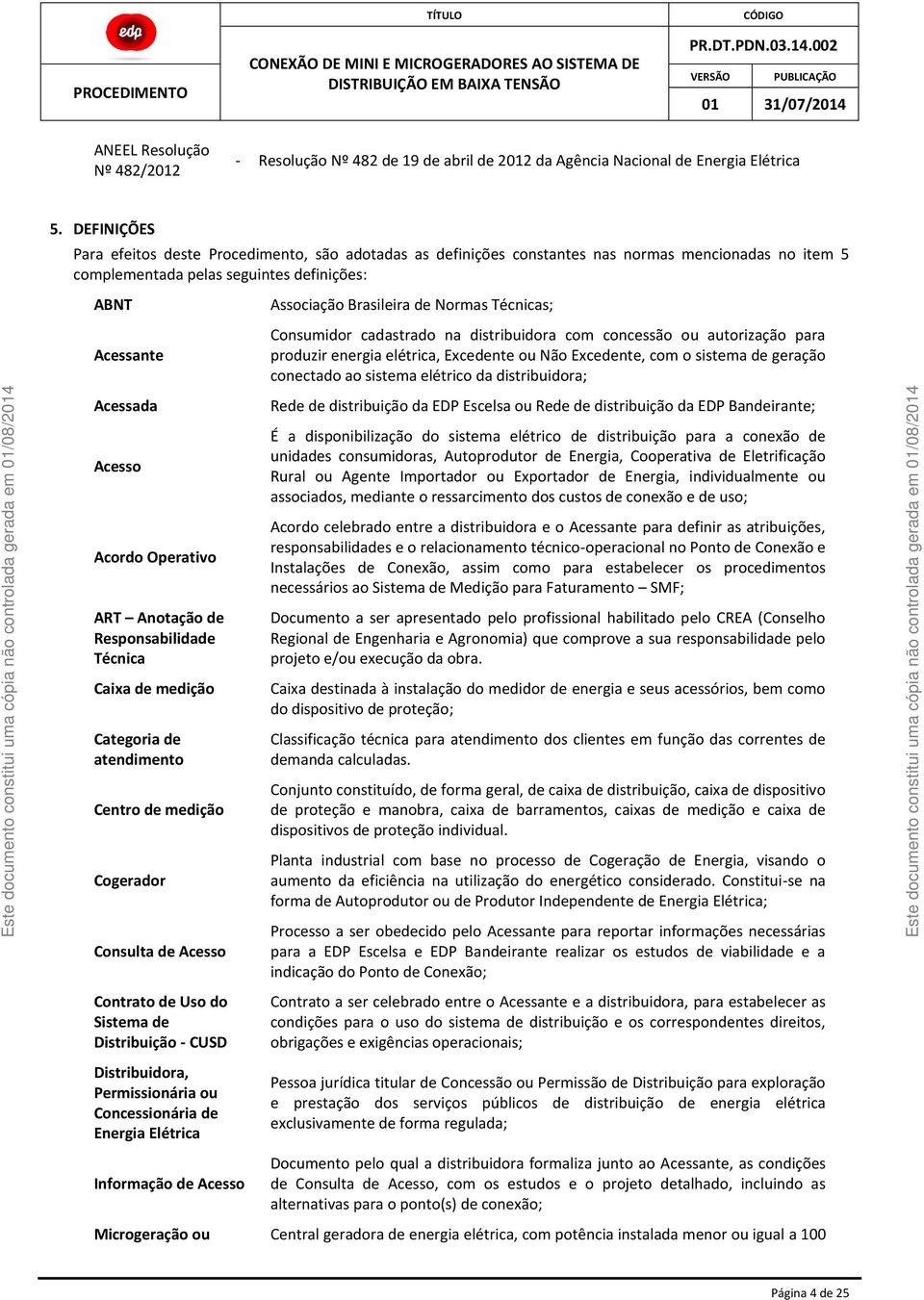 Operativo ART Anotação de Responsabilidade Técnica Caixa de medição Categoria de atendimento Centro de medição Cogerador Consulta de Acesso Contrato de Uso do Sistema de Distribuição - CUSD