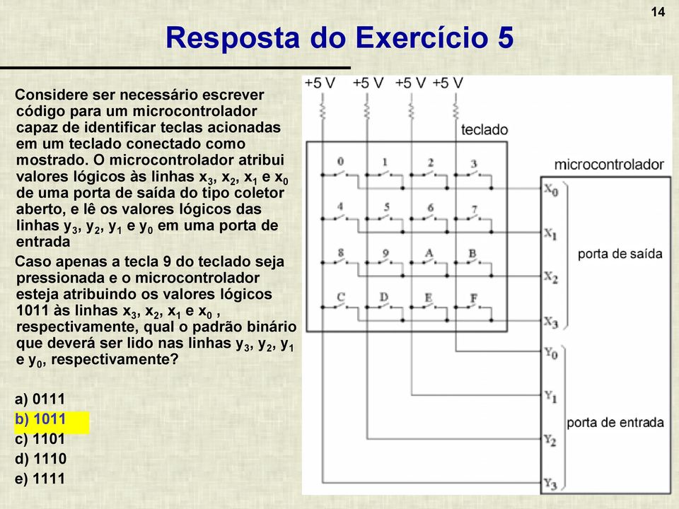 O microcontrolador atribui valores lógicos às linhas x 3, x 2, x 1 e x 0 de uma porta de saída do tipo coletor aberto, e lê os valores lógicos das linhas y 3, y 2,