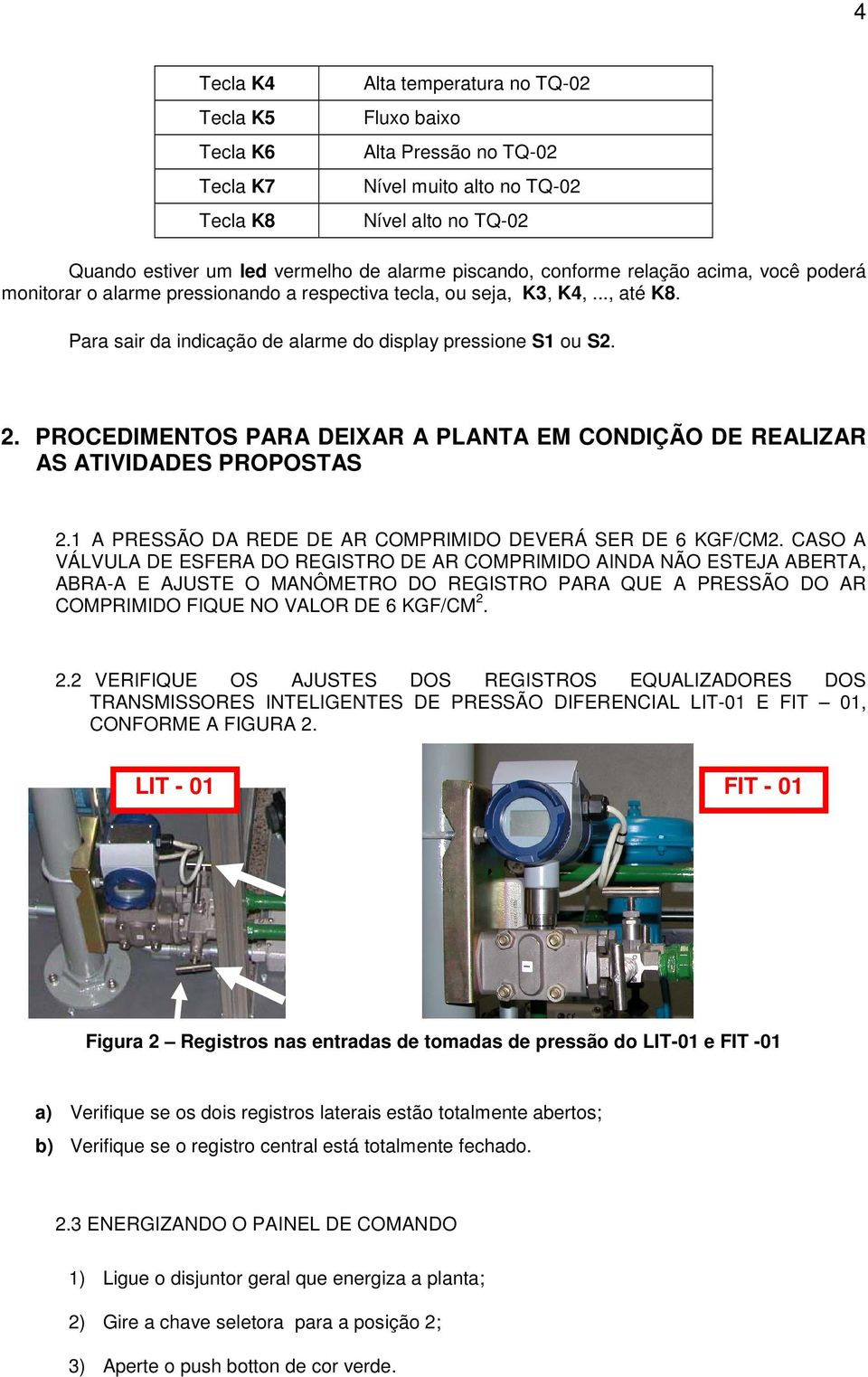 PROCEDIMENTOS PARA DEIXAR A PLANTA EM CONDIÇÃO DE REALIZAR AS ATIVIDADES PROPOSTAS 2.1 A PRESSÃO DA REDE DE AR COMPRIMIDO DEVERÁ SER DE 6 KGF/CM2.