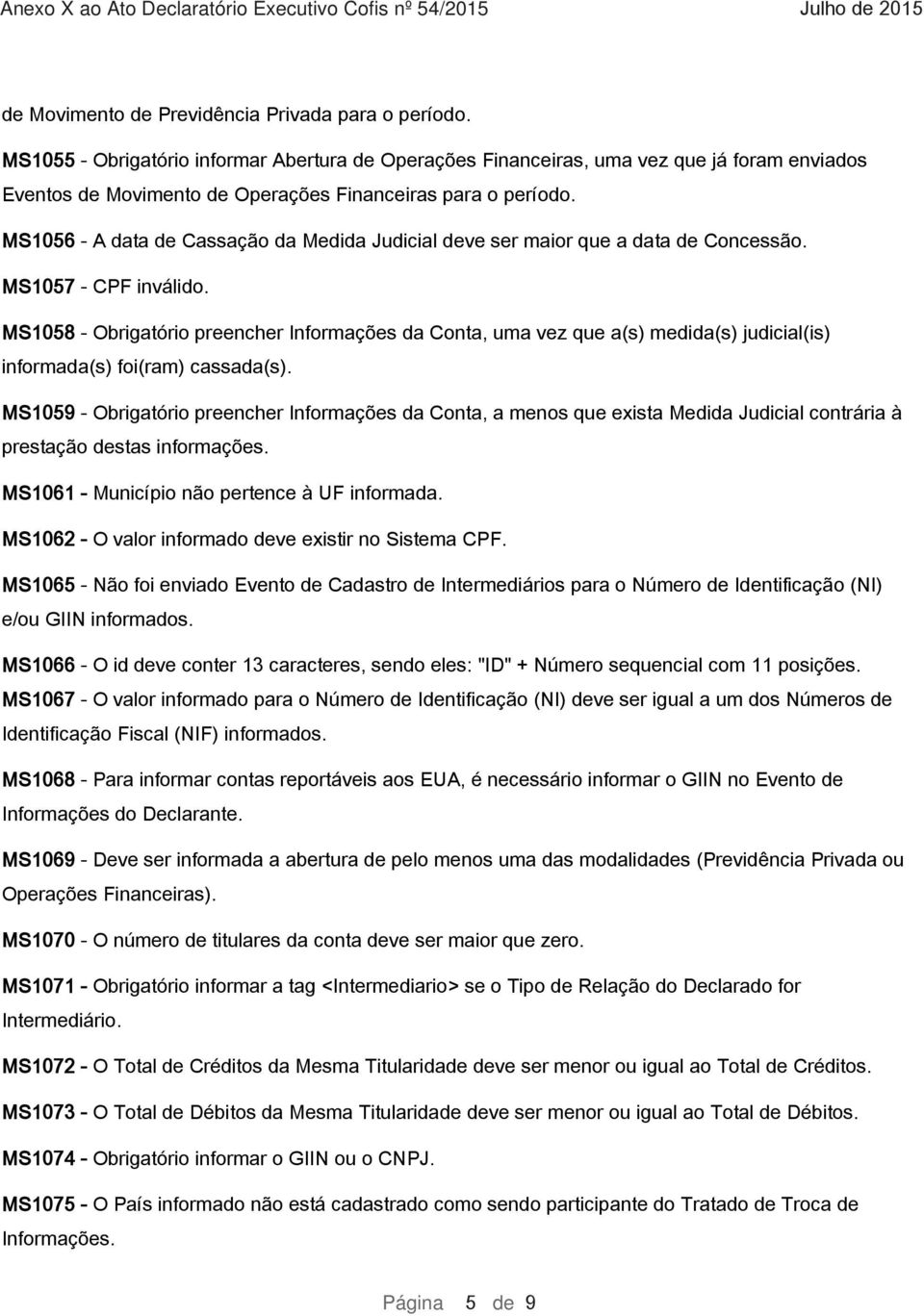 MS1056 - A data de Cassação da Medida Judicial deve ser maior que a data de Concessão. MS1057 - CPF inválido.