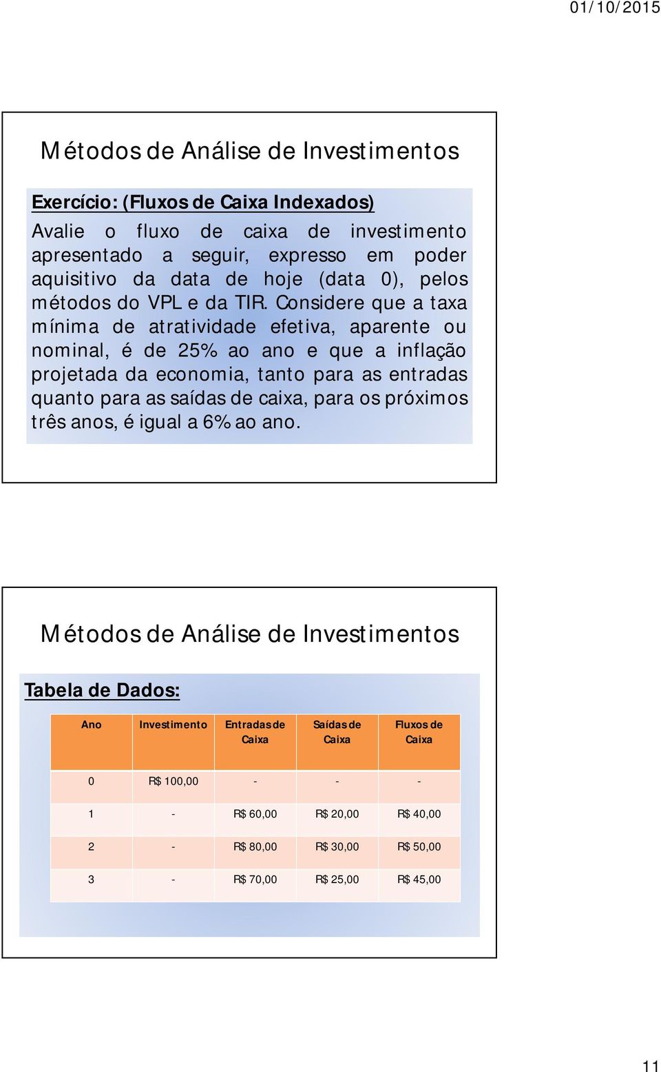 Considere que a taxa mínima de atratividade efetiva, aparente ou nominal, é de 25% ao ano e que a inflação projetada da economia, tanto para as entradas