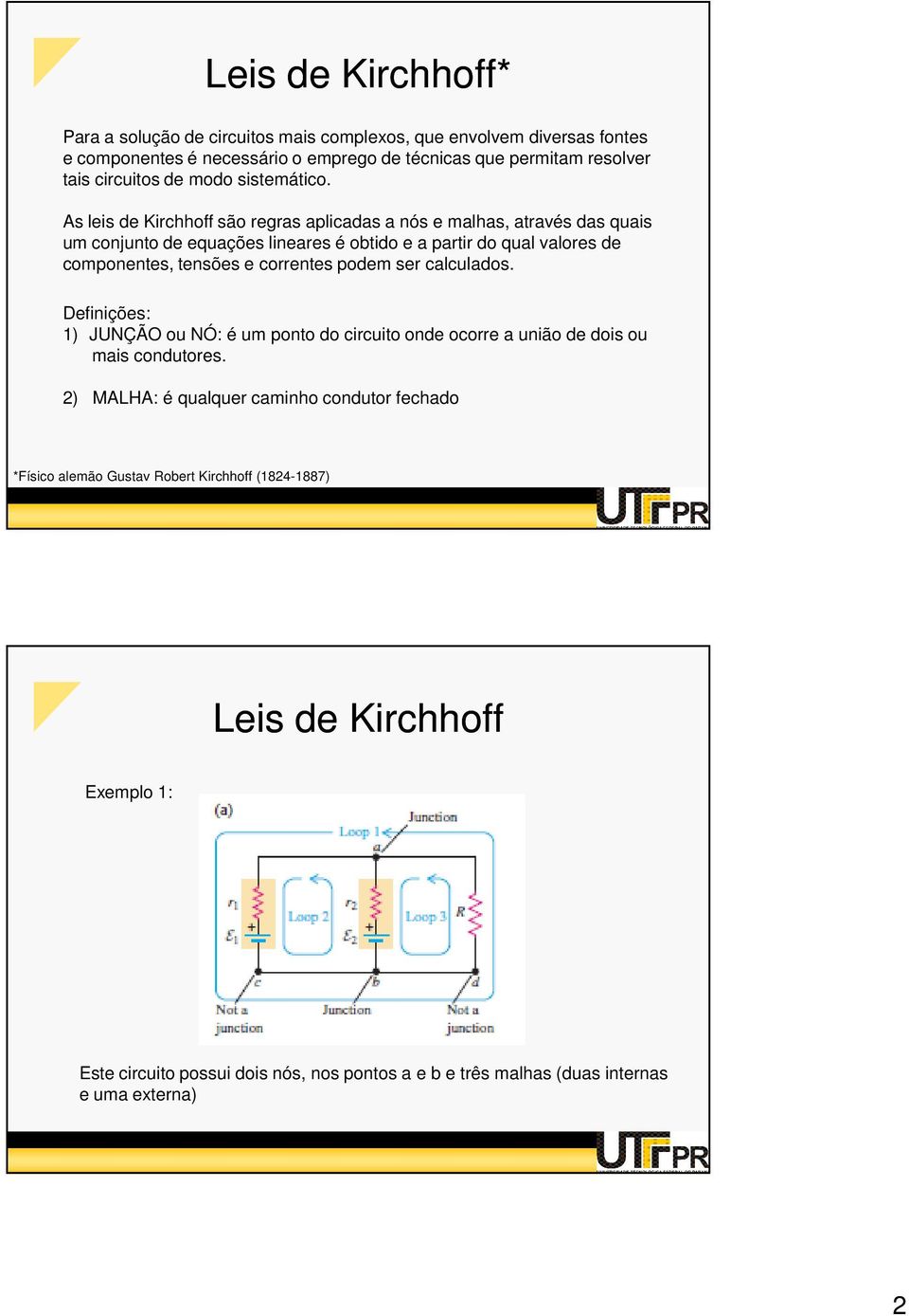 As leis de Kirchhoff são regras aplicadas a nós e malhas, através das quais um conjunto de equações lineares é obtido e a partir do qual valores de componentes, tensões e