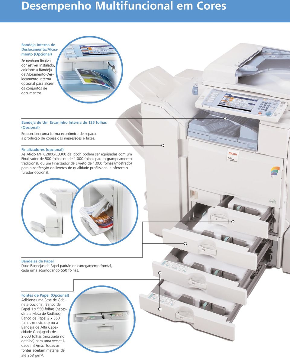 Finalizadores (opcional) As Aficio MP C2800/C3300 da Ricoh podem ser equipadas com um Finalizador de 500 folhas ou de 1.000 folhas para o grampeamento tradicional, ou um Finalizador de Livreto de 1.