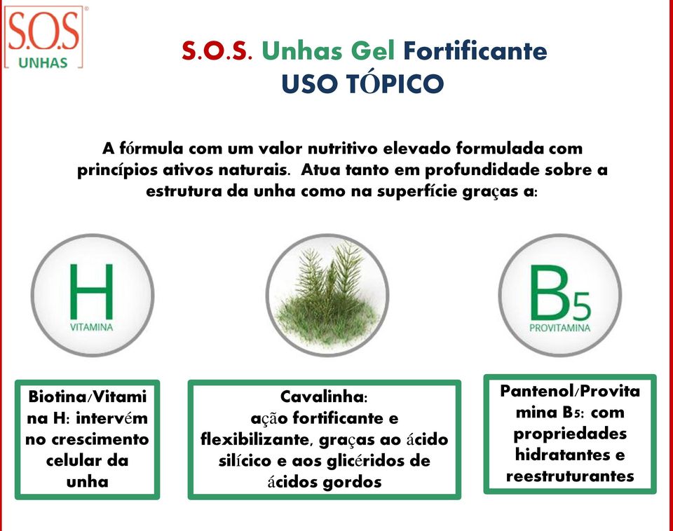 Atua tanto em profundidade sobre a estrutura da unha como na superfície graças a: Biotina/Vitami na H: intervém