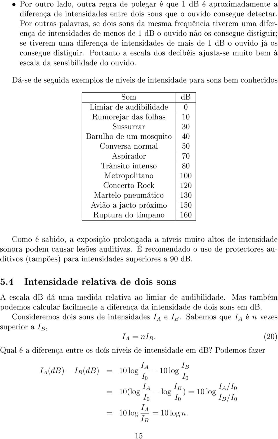 db o ouvido já os consegue distiguir. Portanto a escala dos decibéis ajusta-se muito bem à escala da sensibilidade do ouvido.