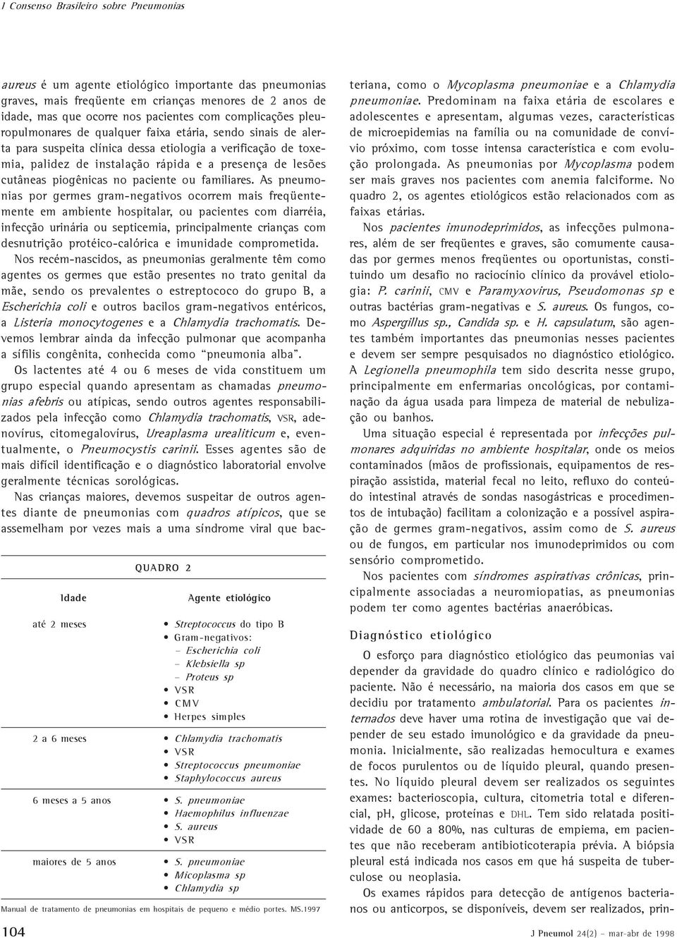 pneumoniae Micoplasma sp Chlamydia sp Manual de tratamento de pneumonias em hospitais de pequeno e médio portes. MS.