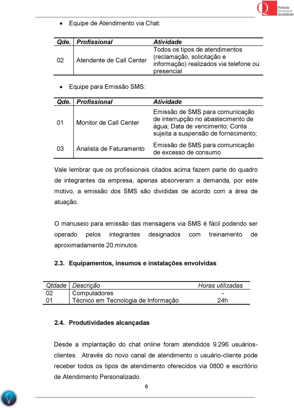 Profissional 01 Monitor de Call Center 03 Analista de Faturamento Atividade Emissão de SMS para comunicação de interrupção no abastecimento de água; Data de vencimento; Conta sujeita a suspensão de