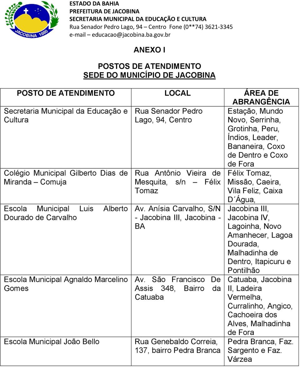 Agnaldo Marcelino Gomes Escola Municipal João Bello Rua Antônio Vieira de Mesquita, s/n Félix Tomaz Av. Anísia Carvalho, S/N - Jacobina III, Jacobina - BA Av.