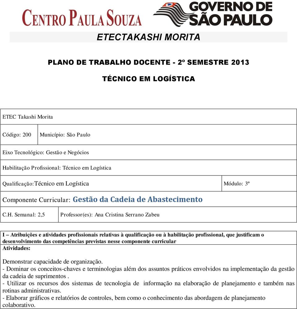 Semanal: 2,5 Professor(es): Ana Cristina Serrano Zabeu I Atribuições e atividades profissionais relativas à qualificação ou à habilitação profissional, que justificam o desenvolvimento das