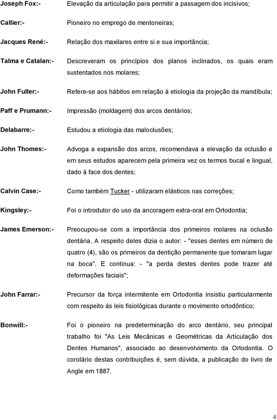 Impressão (moldagem) dos arcos dentários; Delabarre:- Estudou a etiologia das maloclusões; John Thomes:- Advoga a expansão dos arcos, recomendava a elevação da oclusão e em seus estudos aparecem pela