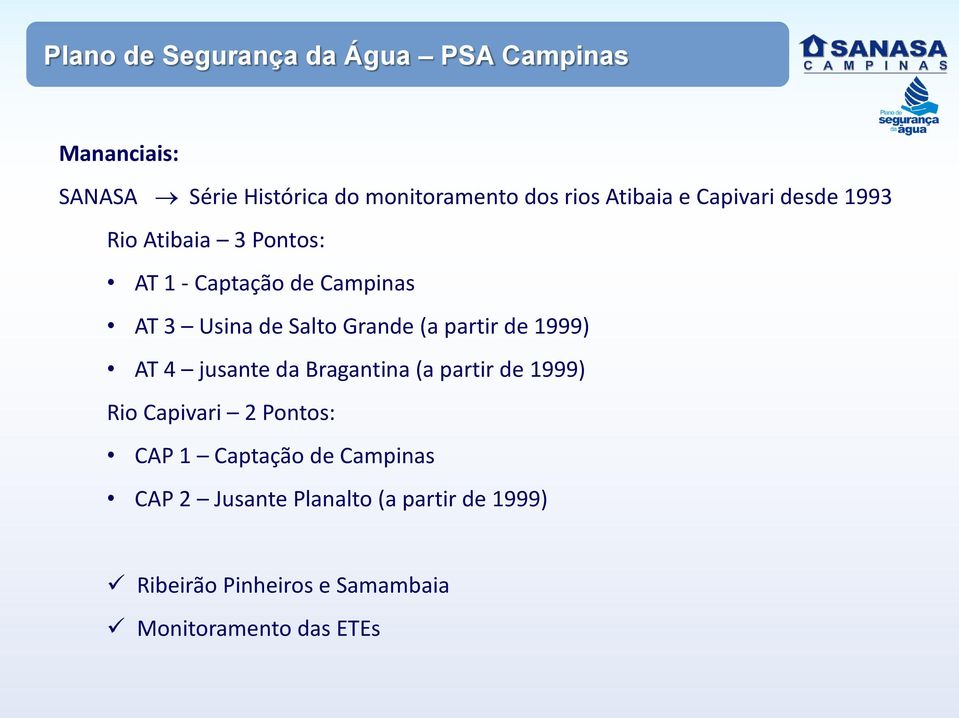 Grande (a partir de 1999) AT 4 jusante da Bragantina (a partir de 1999) Rio Capivari 2 Pontos: CAP 1