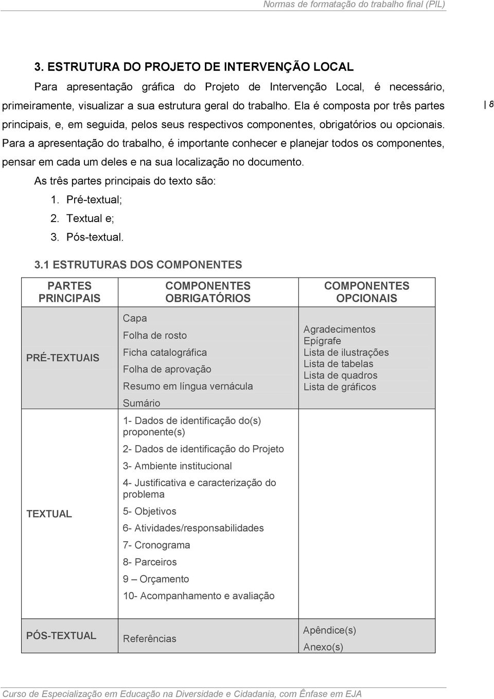 Para a apresentação do trabalho, é importante conhecer e planejar todos os componentes, pensar em cada um deles e na sua localização no documento. As três partes principais do texto são: 1.