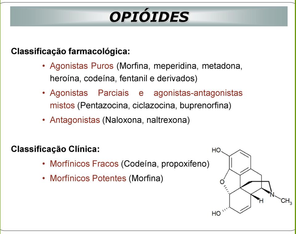 mistos (Pentazocina, ciclazocina, buprenorfina) Antagonistas (Naloxona, naltrexona)