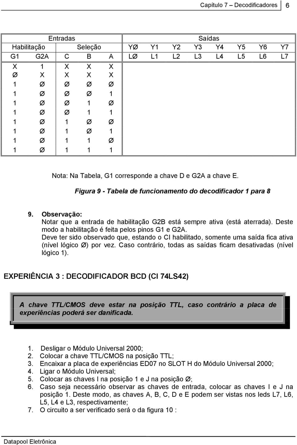 Observação: Notar que a entrada de habilitação G2B está sempre ativa (está aterrada). Deste modo a habilitação é feita pelos pinos G1 e G2A.