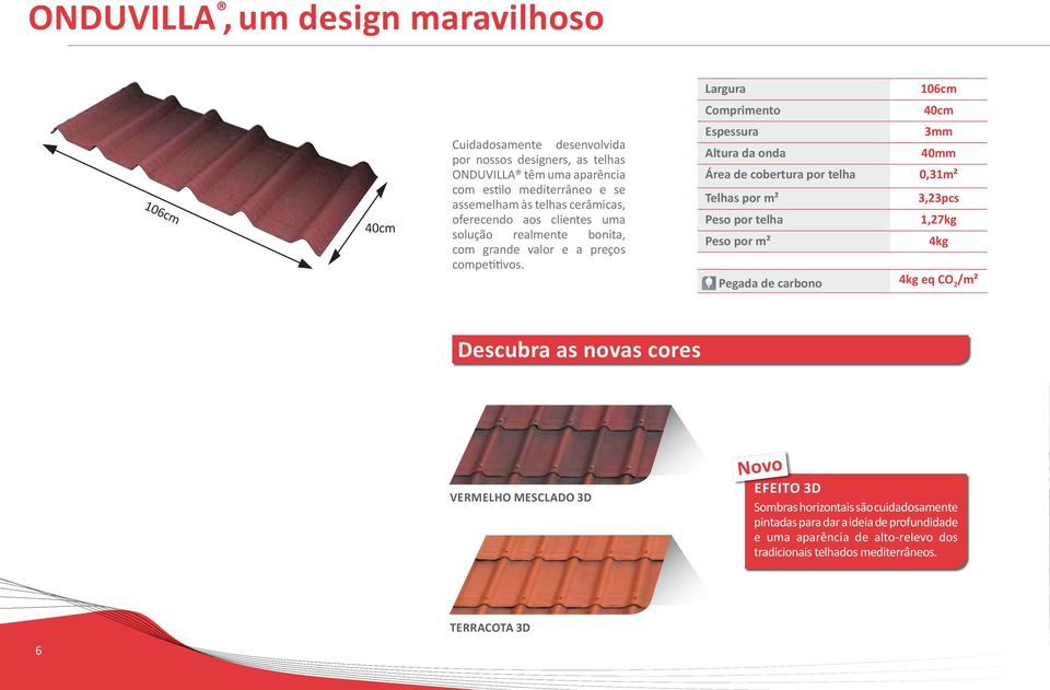 Espessura Altura da onda Área de cobertura por telha Telhas por m² Peso por telha Peso por m² Pegada de carbono 3mm 40mm 0,3m² 3,23pcs,27kg 4kg 4kg eq CO 2 /m² Descubra as