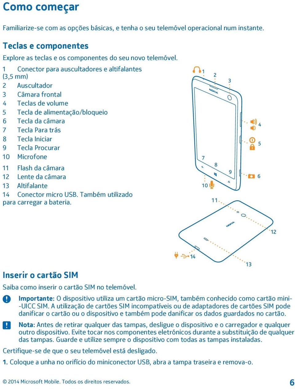 Procurar 10 Microfone 11 Flash da câmara 12 Lente da câmara 13 Altifalante 14 Conector micro USB. Também utilizado para carregar a bateria.