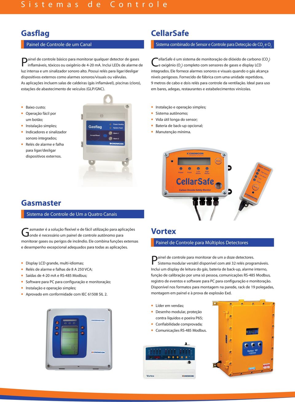 As aplicações incluem salas de caldeiras (gás inflamável), piscinas (cloro), estações de abastecimento de veículos (GLP/GNC).