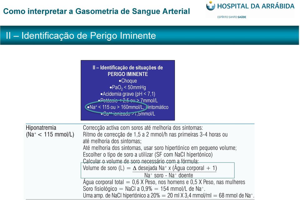 Acidemia grave (ph < 7,1) Potássio < 2,5 ou > 7mmol/L Na