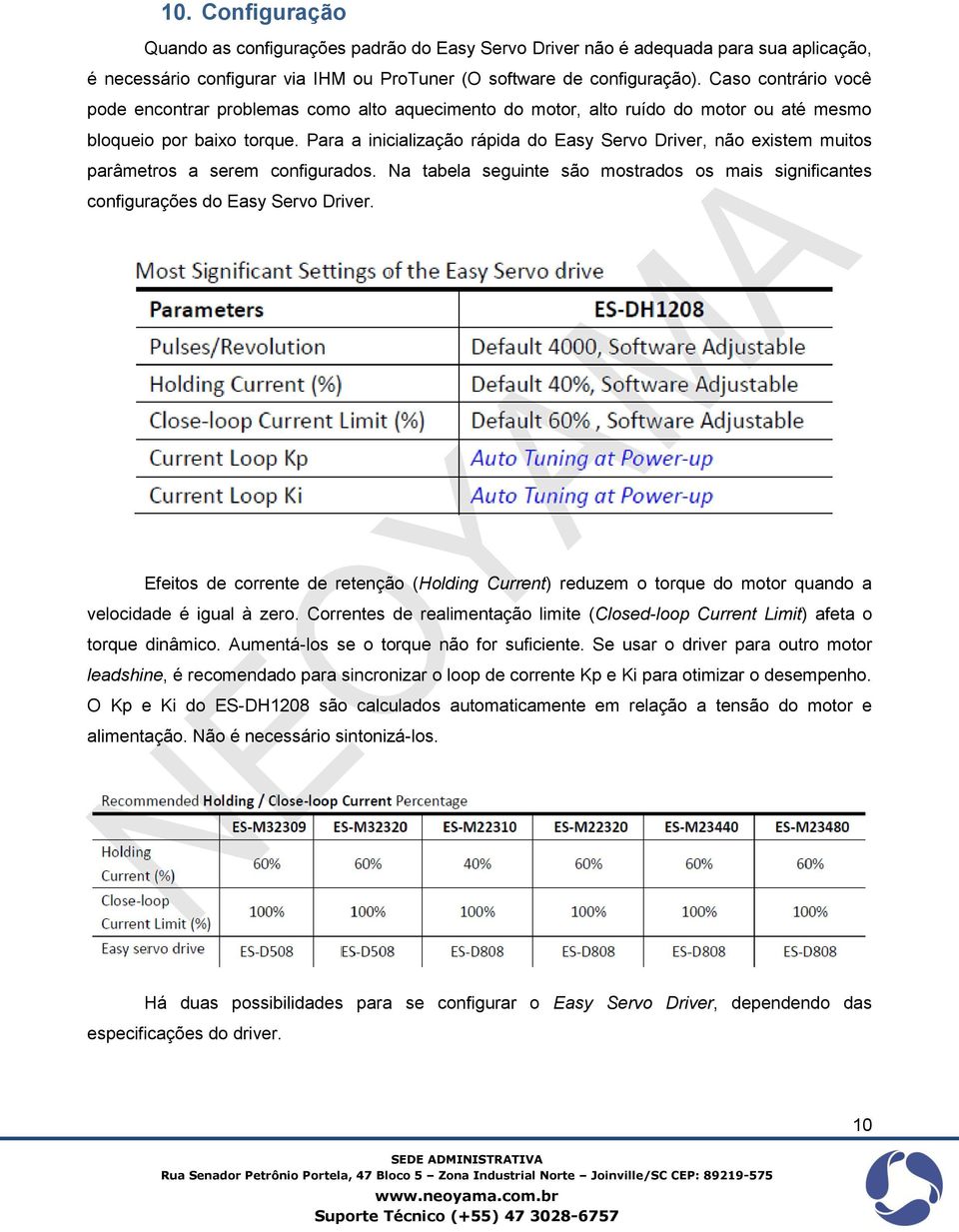 Para a inicialização rápida do Easy Servo Driver, não existem muitos parâmetros a serem configurados. Na tabela seguinte são mostrados os mais significantes configurações do Easy Servo Driver.