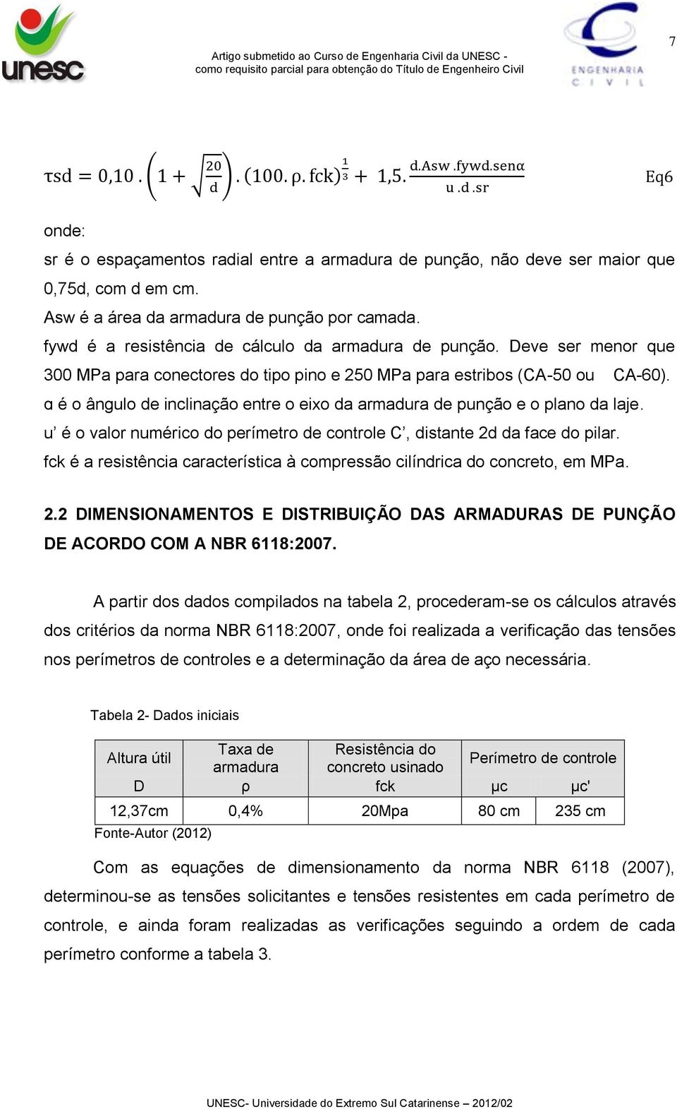 ɑ é o ângulo de inclinação entre o eixo da armadura de punção e o plano da laje. u é o valor numérico do perímetro de controle C, distante 2d da face do pilar.