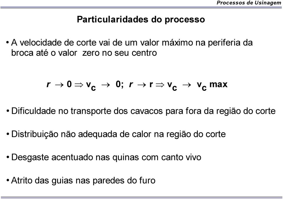 transporte dos cavacos para fora da região do corte Distribuição não adequada de calor