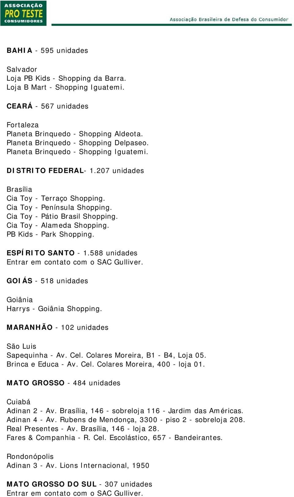 Cia Toy - Pátio Brasil Shopping. Cia Toy - Alameda Shopping. PB Kids - Park Shopping. ESPÍRITO SANTO - 1.588 unidades GOIÁS - 518 unidades Goiânia Harrys - Goiânia Shopping.