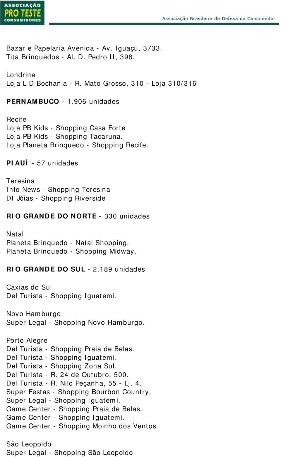 PIAUÍ - 57 unidades Teresina Info News - Shopping Teresina DI Jóias - Shopping Riverside RIO GRANDE DO NORTE - 330 unidades Natal Planeta Brinquedo - Natal Shopping.