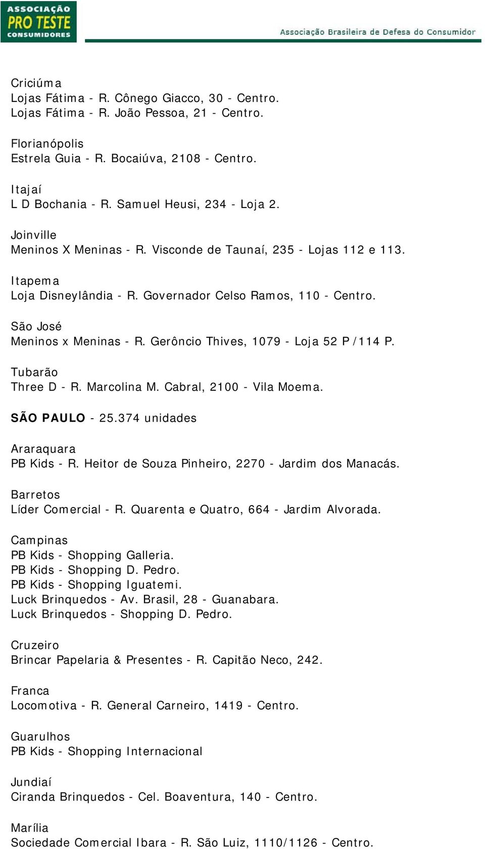 São José Meninos x Meninas - R. Gerôncio Thives, 1079 - Loja 52 P /114 P. Tubarão Three D - R. Marcolina M. Cabral, 2100 - Vila Moema. SÃO PAULO - 25.374 unidades Araraquara PB Kids - R.