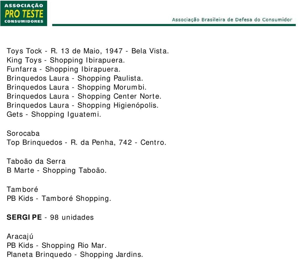 Brinquedos Laura - Shopping Higienópolis. Gets - Shopping Iguatemi. Sorocaba Top Brinquedos - R. da Penha, 742 - Centro.