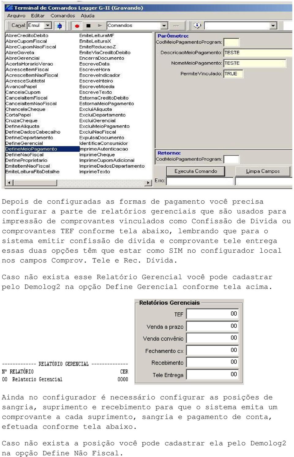 Comprov. Tele e Rec. Dívida. Caso não exista esse Relatório Gerencial você pode cadastrar pelo Demolog2 na opção Define Gerencial conforme tela acima.