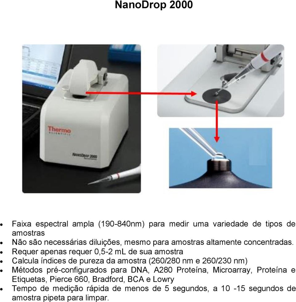 Requer apenas requer 0,5-2 ml de sua amostra Calcula índices de pureza da amostra (260/280 nm e 260/230 nm) Métodos