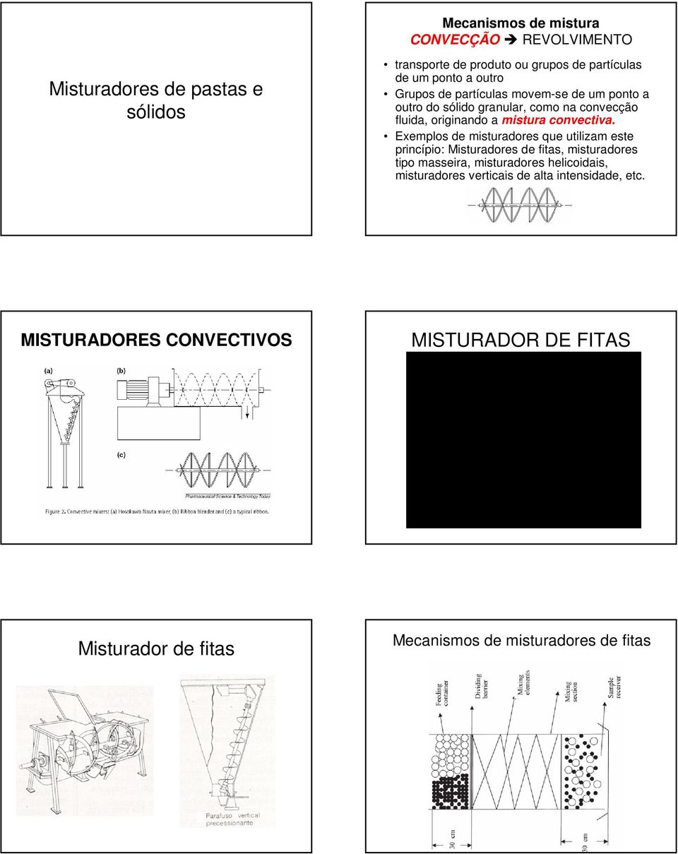 Exemplos de misturadores que utilizam este princípio: Misturadores de fitas, misturadores tipo masseira, misturadores helicoidais,