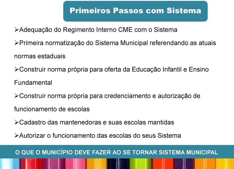 Construir norma própria para credenciamento e autorização de funcionamento de escolas Cadastro das mantenedoras e suas