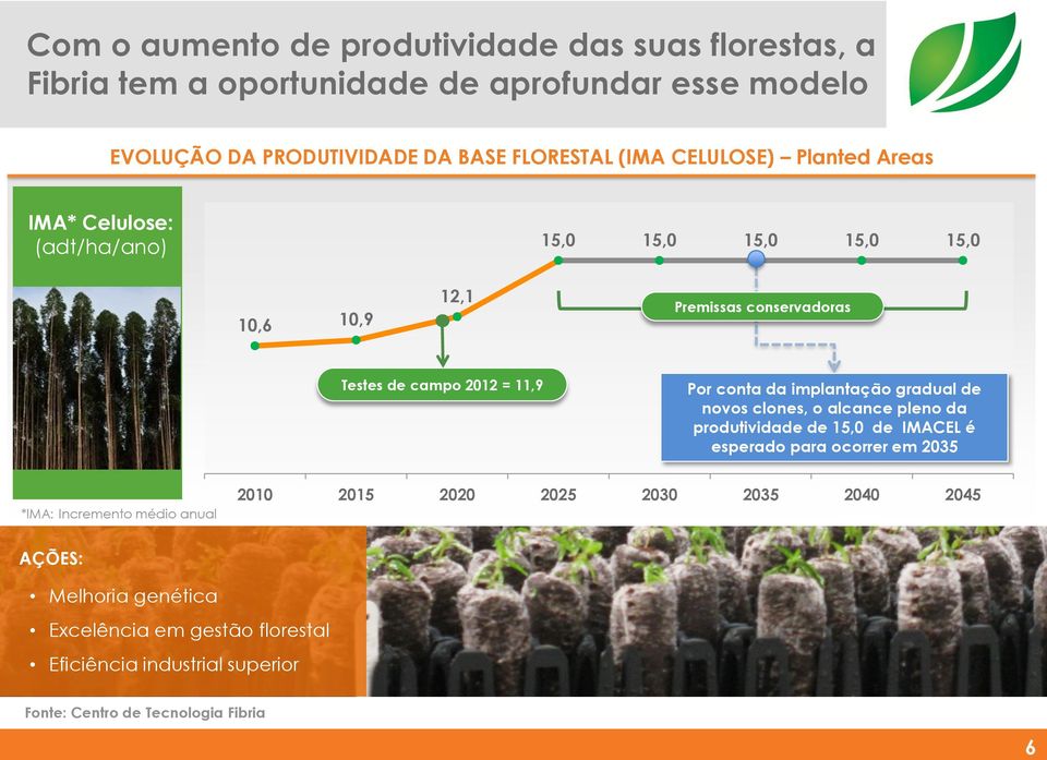 da implantação gradual de novos clones, o alcance pleno da produtividade de 15,0 de IMACEL é esperado para ocorrer em 2035 *IMA: Incremento médio anual