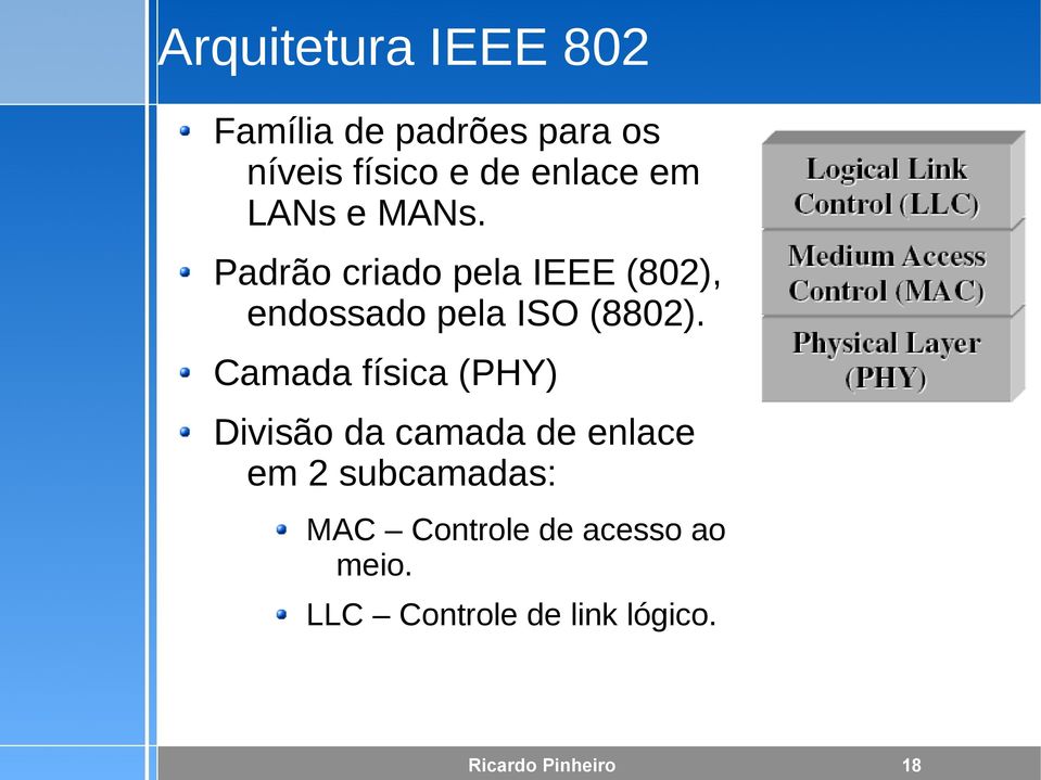 Camada física (PHY) Divisão da camada de enlace em 2 subcamadas: MAC