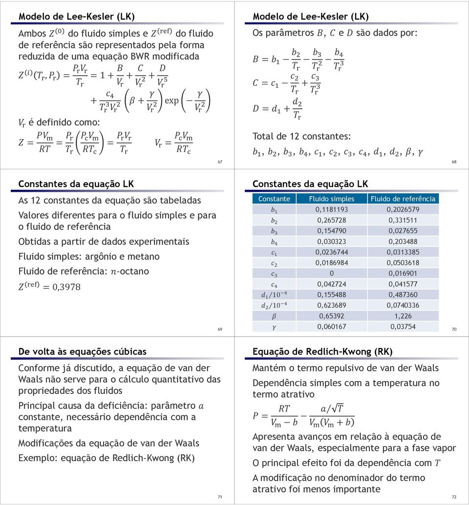 simples e para o fluido de referência Obtidas a partir de dados experimentais Fluido simples: argônio e metano Fluido de referência: -octano =,3978 69 Constantes da equação LK Constante Fluido