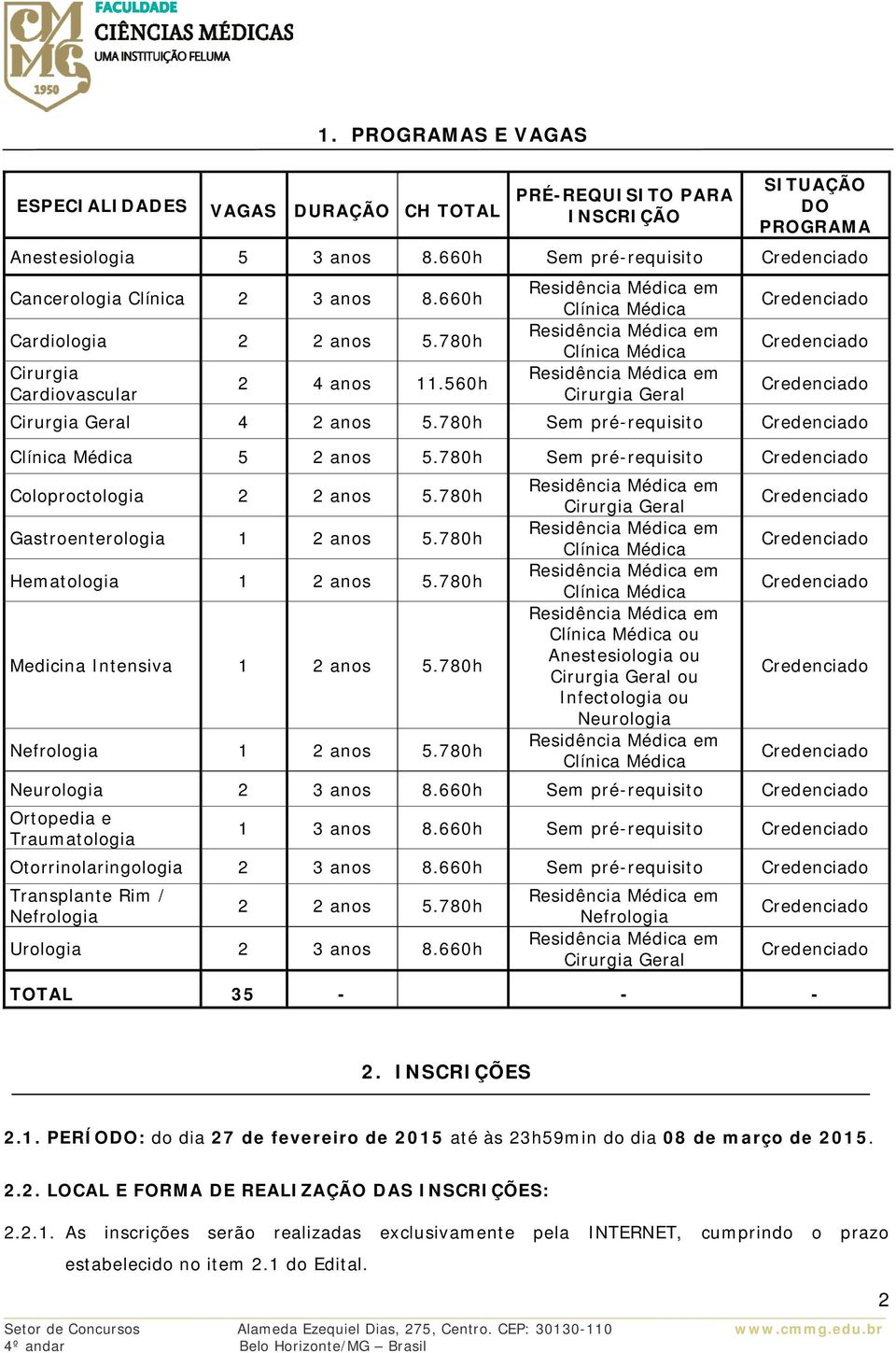 780h Sem pré-requisito Coloproctologia 2 2 anos 5.780h Gastroenterologia 1 2 anos 5.780h Hematologia 1 2 anos 5.780h Medicina Intensiva 1 2 anos 5.780h Nefrologia 1 2 anos 5.