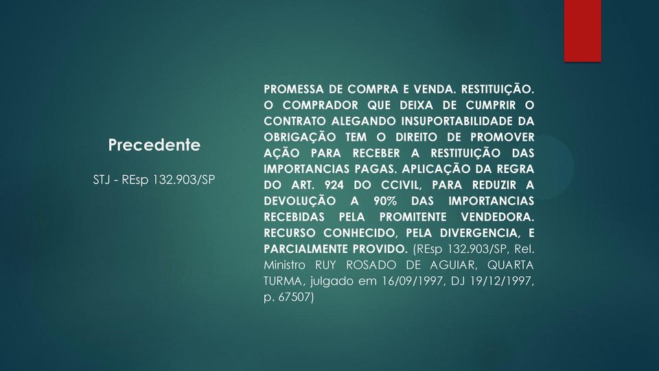 RESTITUIÇÃO DAS IMPORTANCIAS PAGAS. APLICAÇÃO DA REGRA DO ART.