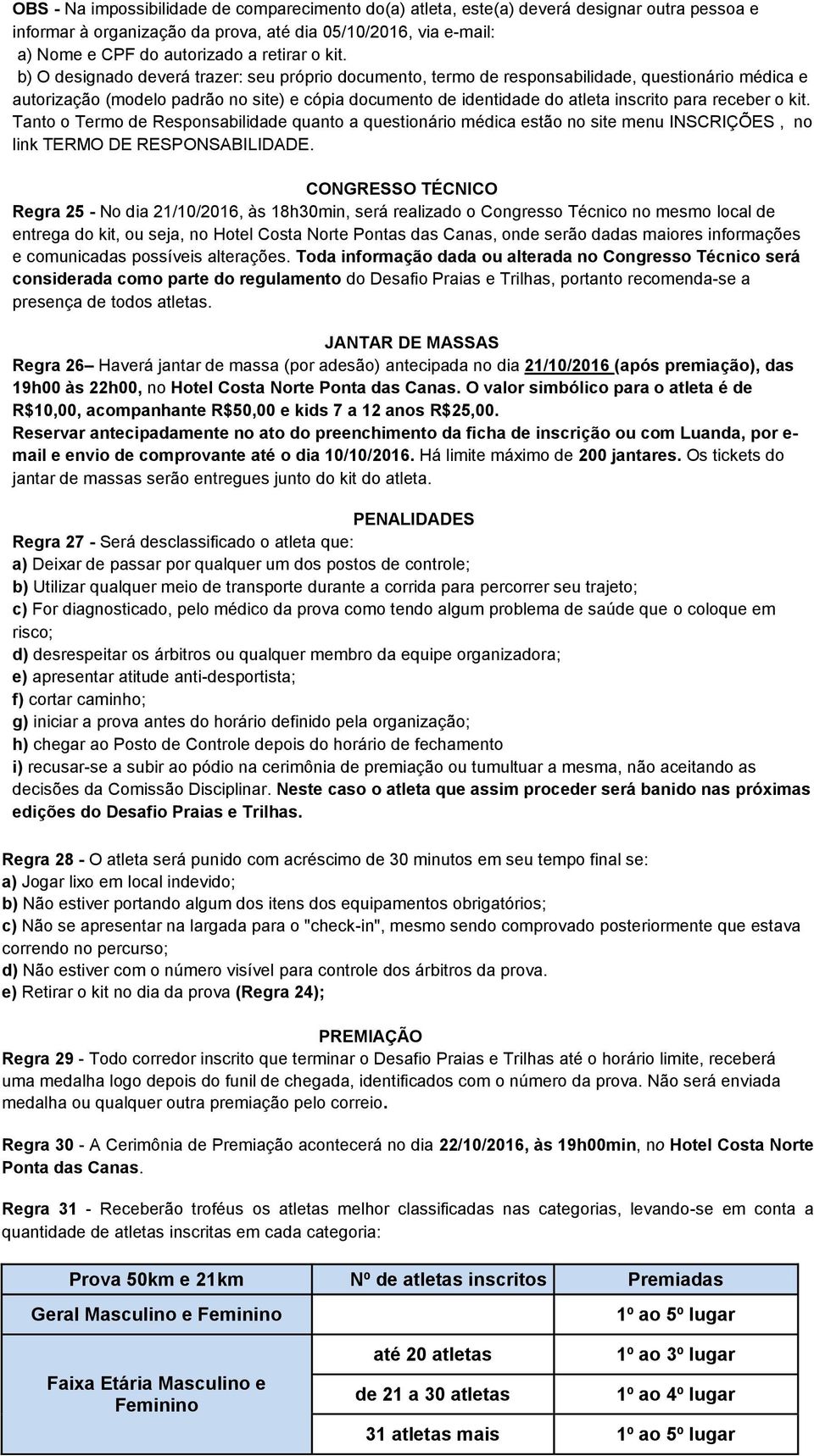 b) O designado deverá trazer: seu próprio documento, termo de responsabilidade, questionário médica e autorização (modelo padrão no site) e cópia documento de identidade do atleta inscrito para