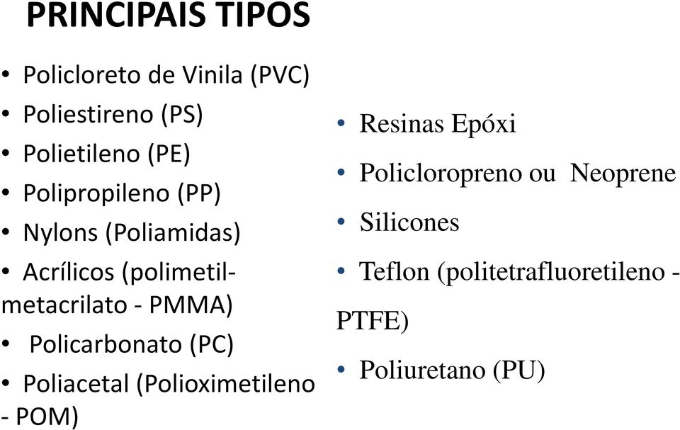 Policarbonato (PC) Poliacetal (Polioximetileno -POM) Resinas Epóxi