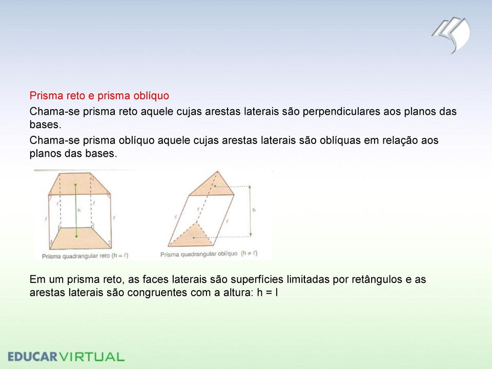 Chama-se prisma oblíquo aquele cujas arestas laterais são oblíquas em relação aos planos