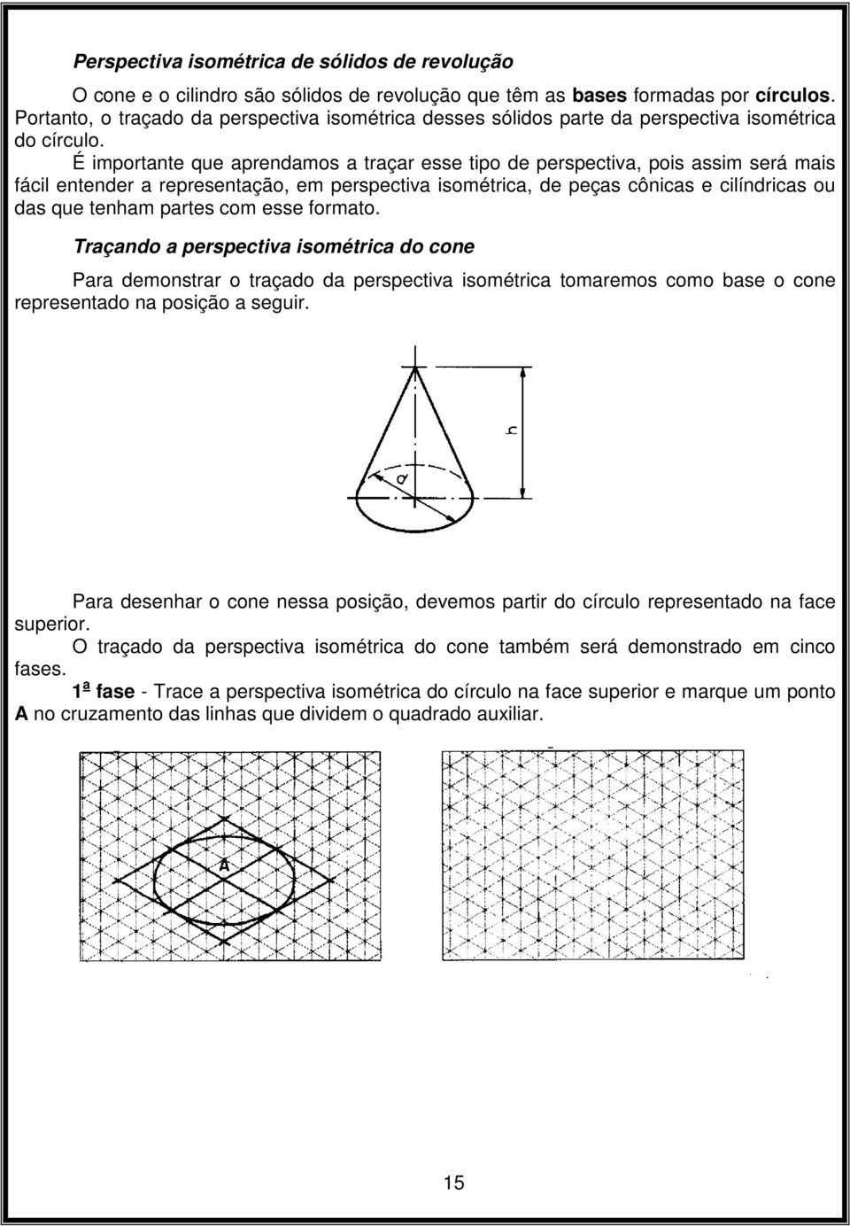 É importante que aprendamos a traçar esse tipo de perspectiva, pois assim será mais fácil entender a representação, em perspectiva isométrica, de peças cônicas e cilíndricas ou das que tenham partes