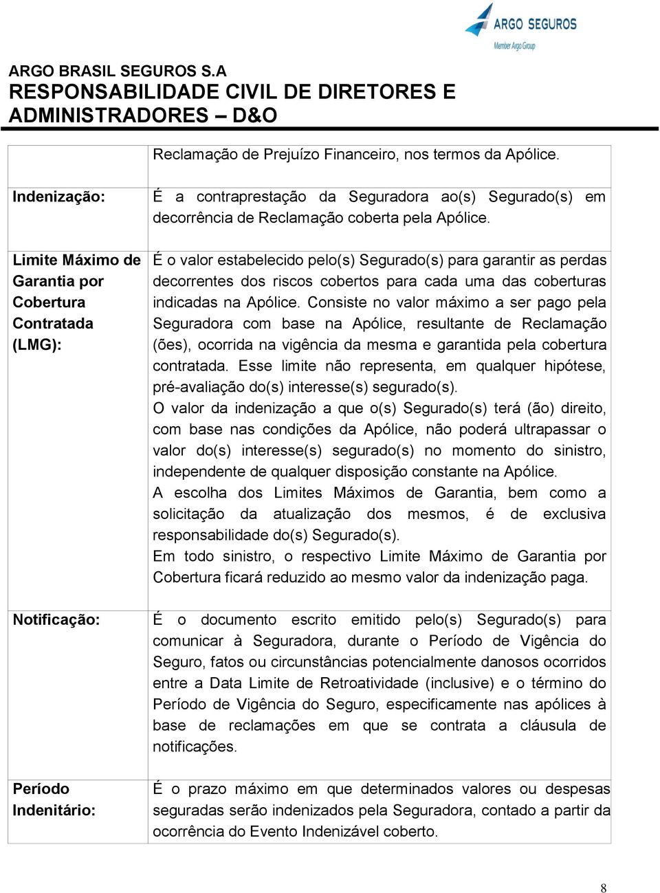 Apólice. É o valor estabelecido pelo(s) Segurado(s) para garantir as perdas decorrentes dos riscos cobertos para cada uma das coberturas indicadas na Apólice.