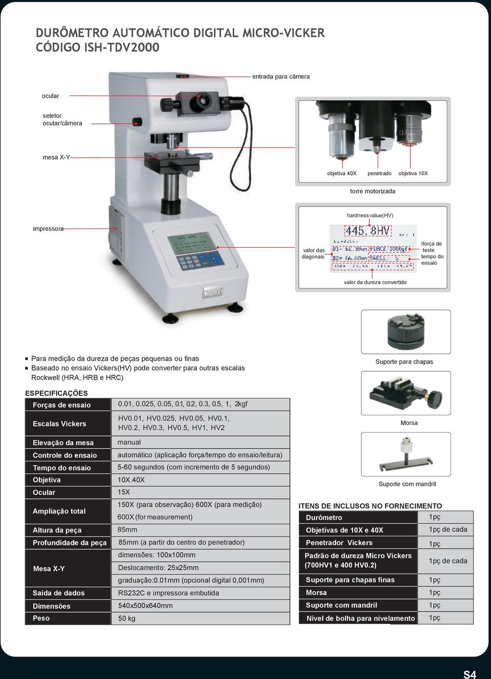 escalas Rockwell (HRA, HRB e HRC) Suporte para chapas Forças de ensaio Escalas Vickers Elevação da mesa Controle do ensaio Tempo do ensaio Objetiva Ocular Ampliação total Altura da peça Profundidade