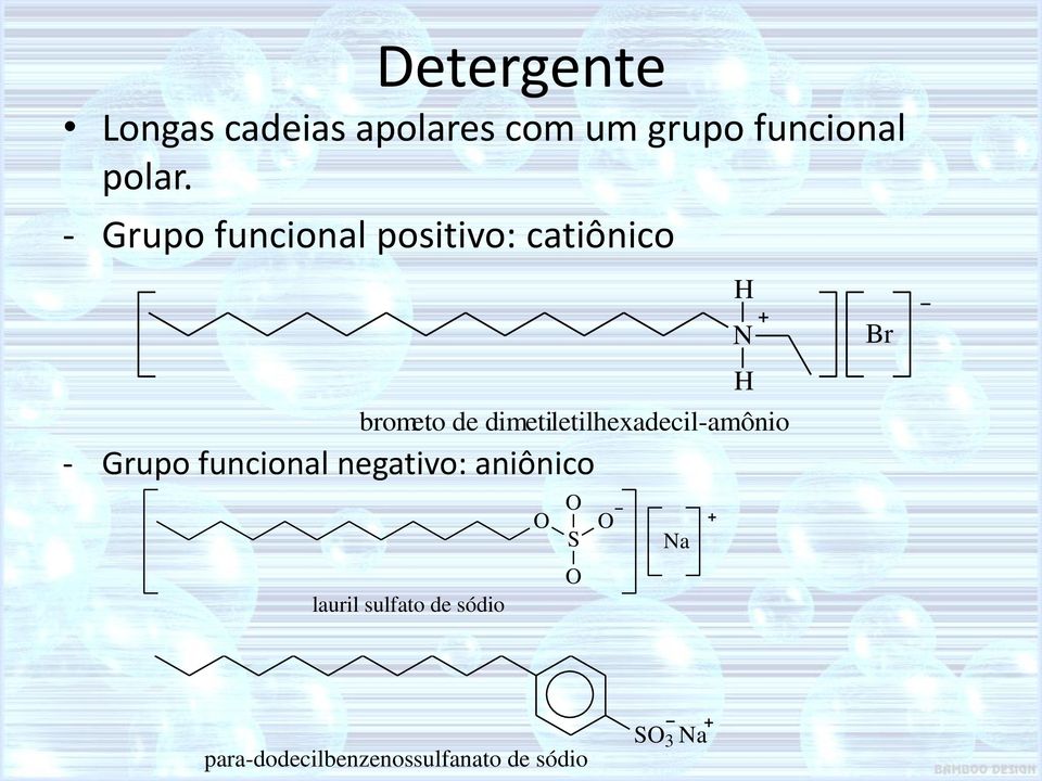 aniônico O O O S Na O lauril sulfato de sódio H N H brometo de