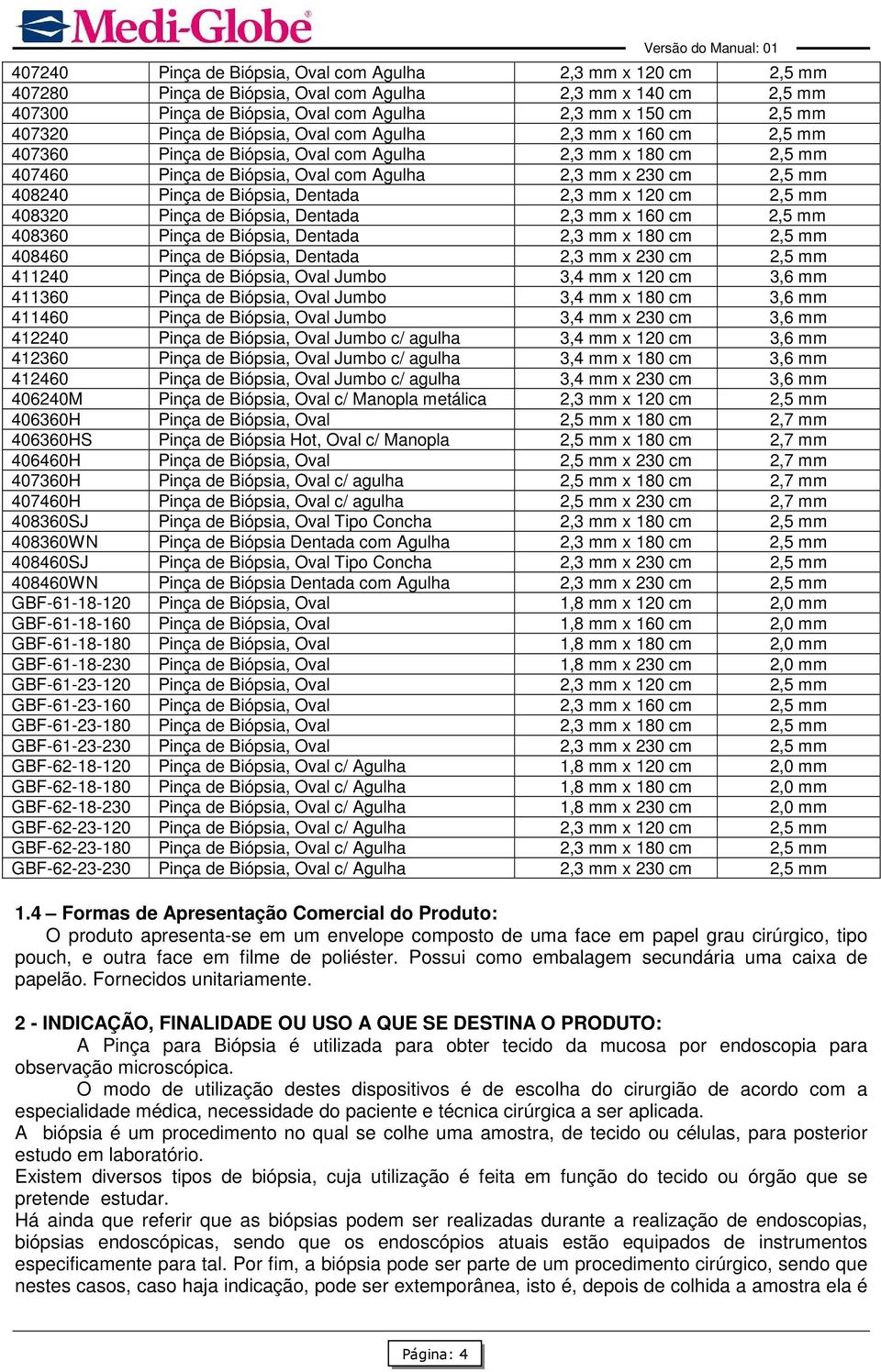 de Biópsia, Dentada 2,3 mm x 120 cm 2,5 mm 408320 Pinça de Biópsia, Dentada 2,3 mm x 160 cm 2,5 mm 408360 Pinça de Biópsia, Dentada 2,3 mm x 180 cm 2,5 mm 408460 Pinça de Biópsia, Dentada 2,3 mm x